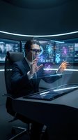 Middle-aged male professional in business suit and glasses interacting with holographic digital interface displaying user profiles and data analytics in modern control room setting.