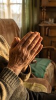 Senior woman with wrinkled hands clasped together in warm, sunlit living room with vintage furniture and green curtains, conveying comfort and contemplation.