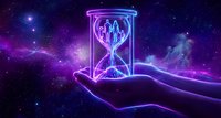 Glowing neon hourglass with flowing sand held in cupped hands against cosmic space background with stars and nebula for time management concepts.