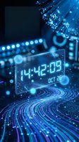 Futuristic digital clock display showing time with glowing blue fiber optic cables and circuit patterns in high-tech cyber environment for technology concepts.