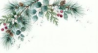 Watercolor Christmas corner border with pine branches, eucalyptus leaves, white flowers, red berries and pinecones on white background for holiday cards.