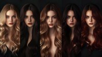 Five women with different shades of long wavy hair from blonde to dark brown and auburn red, showing professional hairstyling and color variations against black background.