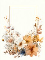 Elegant floral frame with delicate white and peach blossoms, dried wildflowers, and golden botanical elements on cream background.