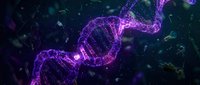 Purple glowing DNA double helix structure with molecular particles in dark scientific background for biotechnology and genetic research applications.