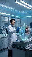 Male doctor examining holographic lung projection in modern medical laboratory for respiratory research and healthcare technology applications.