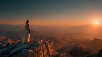 Woman standing on mountain peak watching sunrise over dramatic landscape with golden light and layered hills stretching to horizon creating inspiring moment.