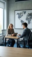 Professional business meeting between mature blonde businesswoman and young businessman discussing documents in modern office with world map.