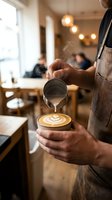 Professional barista pouring steamed milk creating latte art in coffee cup at modern cafe with warm ambient lighting and blurred customers in background.