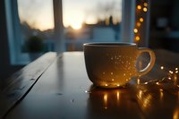 White ceramic coffee cup on wooden table at sunset with fairy lights creating magical bokeh effect and warm atmosphere through window. Perfect for lifestyle blogs.