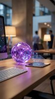 Futuristic purple holographic sphere with network connections floating above smartphone on modern office desk with computer and keyboard in background.