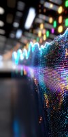 Digital stock market graph with glowing dots pattern showing financial data analysis and trading statistics on dark background with colorful bokeh lights.