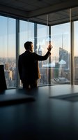 Business executive touching digital interface hologram in modern office overlooking city skyline at sunset for corporate technology presentations.