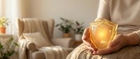 Hands holding glowing golden crystal or gemstone in cozy home interior with armchair and plants, representing wellness, energy healing, and mindfulness practice.