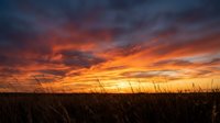 Dramatic sunset sky with vibrant orange and purple clouds over prairie grassland field creating stunning natural landscape scenery for outdoor adventure content.