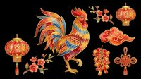 Rooster with lanterns and decorative elements isolated on transparent background, ready for t-shirt design, clipart, stickers, sublimation, and print-on-demand products.