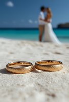 Gold wedding bands with textured finish rest on white sand beach with blurred couple in white attire embracing in turquoise ocean background, symbolizing marriage and tropical destination wedding celebration.