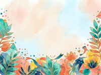 Watercolor floral border with vibrant orange, yellow, and teal flowers, leaves, and decorative dots on soft pastel background. Isolated design element for invitations, cards, and web graphics.
