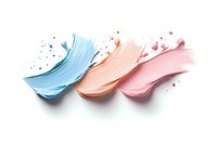 Smeared cosmetic texture swatches in pastel blue, peach and pink shades with splatter drops on white background, isolated makeup product sample strokes.