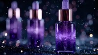 Luxurious purple cosmetic serum bottle with glowing sparkles and magical bokeh effect on dark background, beauty product photography for skincare advertising.