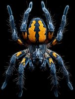 Colorful tarantula spider with orange and blue markings on black background showing detailed hair and leg structure for educational wildlife content.