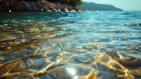 Sunlight creates mesmerizing golden ripples on crystal clear ocean water surface, with rocky coastline and mountains in background, capturing serene summer mood.
