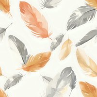 Seamless pattern with floating peach and gray feathers on white background creates gentle movement and ethereal atmosphere. Repeatable design for fabric and decor.