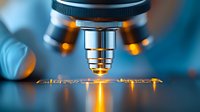Microscope objective lens with glowing orange light illuminating glass slide specimen in scientific laboratory setting, creating dramatic depth and reflection effects.