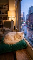 Fluffy orange tabby cat resting on green velvet cushion by rainy window overlooking city skyline at dusk, cozy apartment interior with warm lamp and bookshelf.