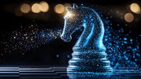 Glowing blue knight chess piece made of luminous particles against dark background with bokeh lights, symbolizing strategy and intelligence in business.