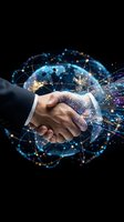 Business handshake with digital network connections and glowing data streams representing partnership, collaboration and technology integration.