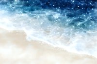 Aerial view of ocean waves with sparkling starry sky overlay, sandy beach meeting turquoise water, dreamy coastal scene for travel and wellness designs.