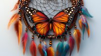 Dreamcatcher with monarch butterfly centerpiece adorned with vibrant orange, red and turquoise feathers, wooden beads on black web against light background.