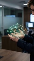 Young businessman holding holographic brain network in cupped hands showing neural connections and artificial intelligence concept in modern office environment.