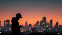 Young man silhouette using smartphone against city skyline at sunset with orange pink sky and bokeh lights for urban lifestyle and technology concepts.