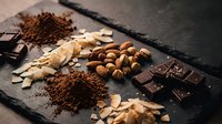 Artisanal chocolate ingredients arranged on dark slate board with cocoa powder, hazelnuts, almonds and premium chocolate pieces for gourmet confectionery.