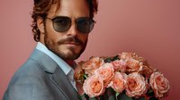 Stylish Hispanic man in sunglasses and gray suit holding bouquet of pink garden roses against coral background, fashion portrait with romantic mood.