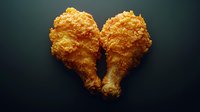 Crispy fried chicken drumsticks arranged in heart shape on dark background, golden brown breading with textured crunchy coating. Food photography concept.