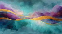 Abstract watercolor landscape with flowing gold waves against teal and purple gradient background, creating ethereal atmospheric art for modern home decor.