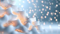 Ethereal waves of glowing orange dots flow across soft blue background with dreamy bokeh lights creating abstract pattern for festive or spiritual designs.