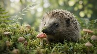 Cute hedgehog exploring forest floor among mushrooms and ferns in natural woodland habitat with soft bokeh background for wildlife and nature content.