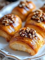 Fresh baked golden croissants topped with caramelized pecans and honey glaze on white plate, flaky layered pastry with nutty garnish, close up view.