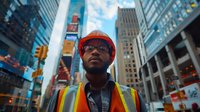 African American male construction worker in safety gear and hard hat looking up at urban skyscrapers in downtown business district during daytime with dramatic perspective.