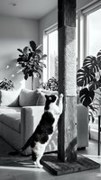 Black and white cat scratching rope-wrapped wooden post near sofa with potted plants by window in modern home interior for pet furniture and lifestyle content.