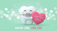 Cute cartoon tooth character with metal braces holding pink heart saying love your smile on mint green background with bubbles for dental care.