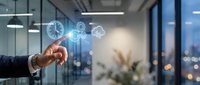 Businessman hand touching digital clock icons in modern office environment representing time management and productivity concepts for business applications.