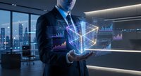 Professional businessman holding holographic data cube with financial charts and analytics in modern office environment for business technology presentations.