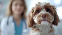 Brown and white Havanese puppy at veterinary clinic with female veterinarian in background wearing scrubs and stethoscope, focus on dog's expressive face.