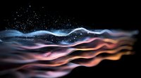 Abstract flowing waves in pink, blue and orange colors with glowing particles and light effects against black background create dynamic motion design.