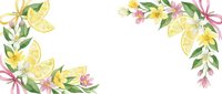 Lemon slices with pink and yellow flowers and green leaves arranged in corners on white background for spring designs.