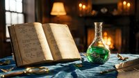 Ancient spellbook with green potion bottle on wooden table by fireplace creating mystical magical atmosphere for fantasy storytelling and witchcraft themes.
